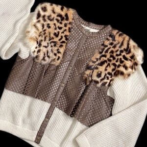 Vintage Leopard Print Fur and Leather Cardigan